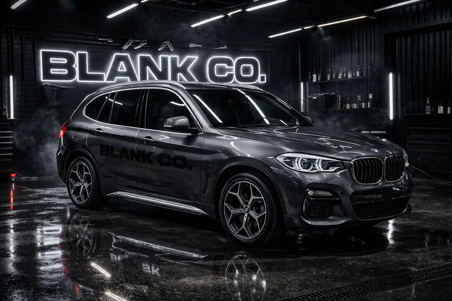 A dark SUV in a detailing studio with the BLANK CO. logo on the wall